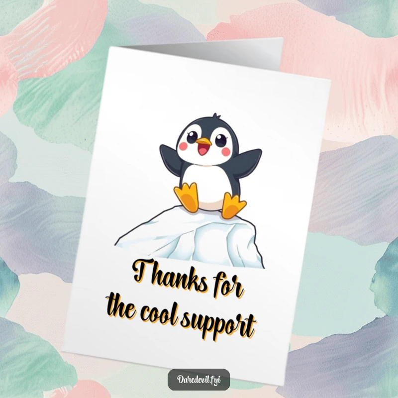 Funny free printable thank you card of a surprised penguin expertly sliding down a steep icy ramp.