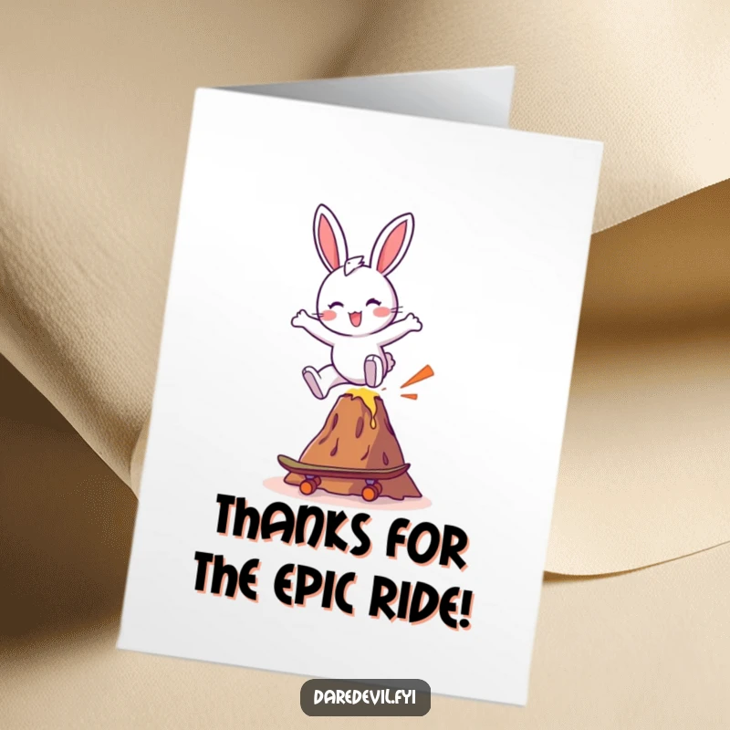Funny Free Printable Thank You Card: A cheerful bunny on a skateboard leaps a volcano, expressing heartfelt, humorous thanks.