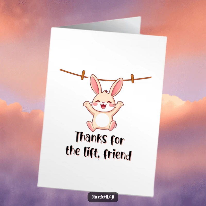 Funny Free Printable Thank You Card: Cheerful rabbit swinging from a clothesline, a unique downloadable gift.