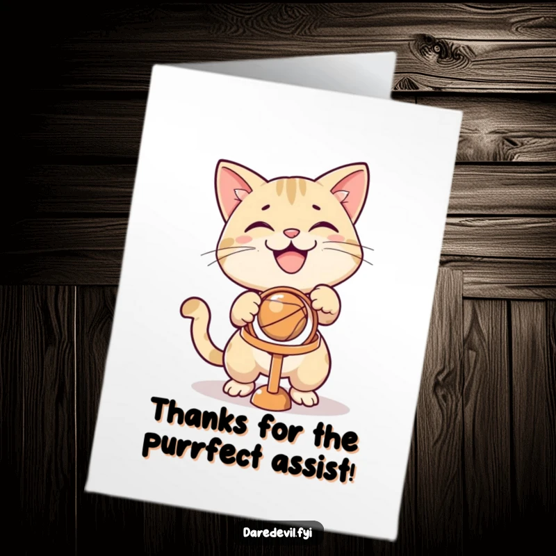Funny Free Printable Thank You Card: A grinning cat intently aiming a ball at a small hoop. Send thanks with humor.