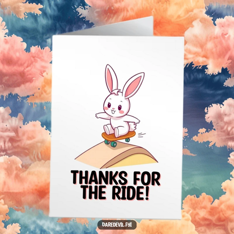 Funny Free Printable Thank You Card: Bunny on a skateboard gives a thumbs up, expressing thanks.