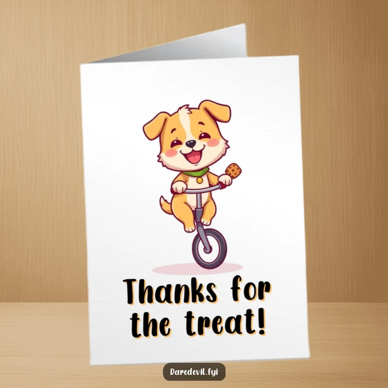 Funny Free Printable Thank You Card: A happy dog rides a unicycle, balancing a treat, conveying heartfelt thanks with a smile.