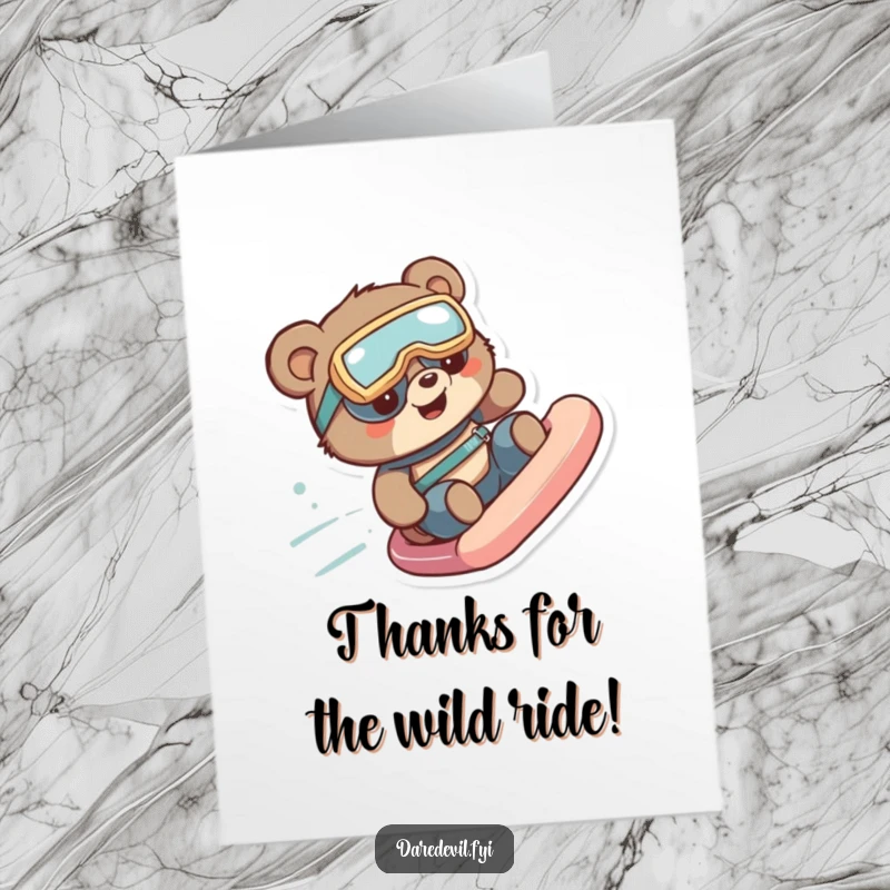 Funny Free Printable Thank You Card: Bear in goggles enjoying a speedy slide, a cute downloadable gift.