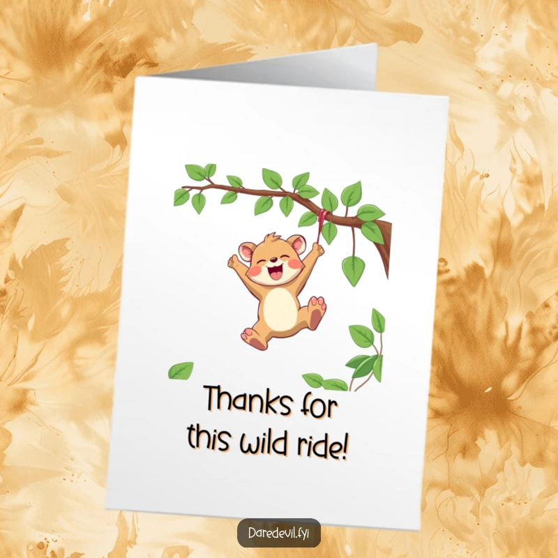 Funny Free Printable Thank You Card of a joyful animal character swinging from a vine, expressing gratitude with abandon.