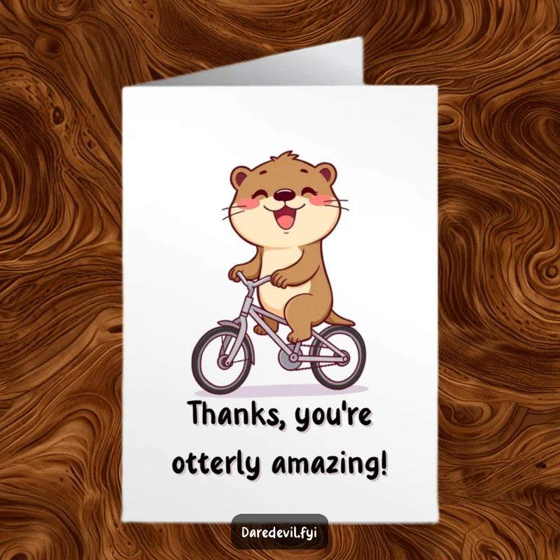 Funny Free Printable Thank You Card: Otter on a small bike with a triumphant grin, a cute gift.
