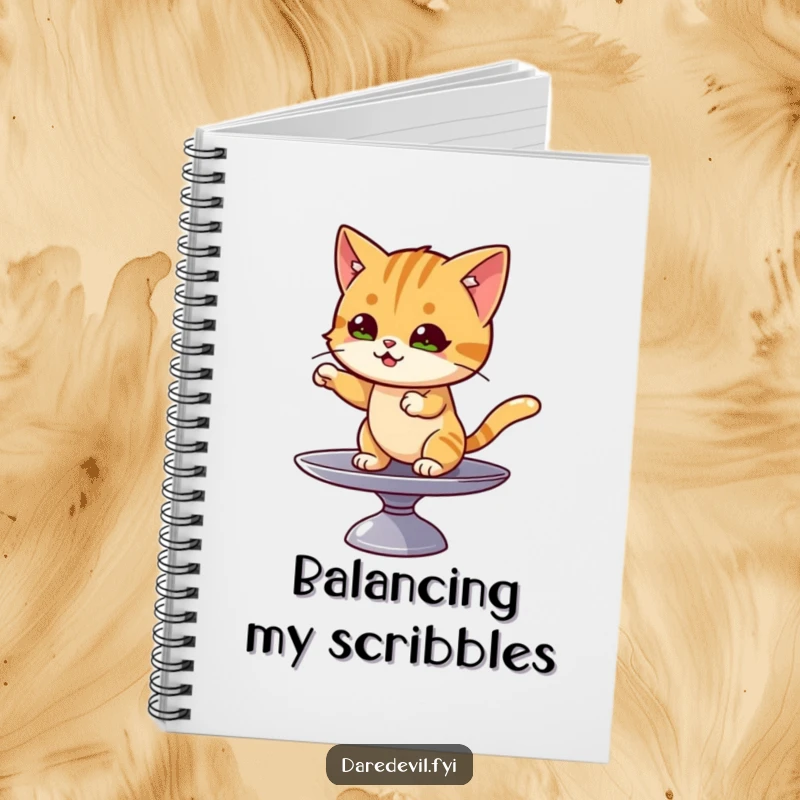 Funny cat notebook with a mischievous cat balancing on a spinning plate, inspiring focus and creativity.
