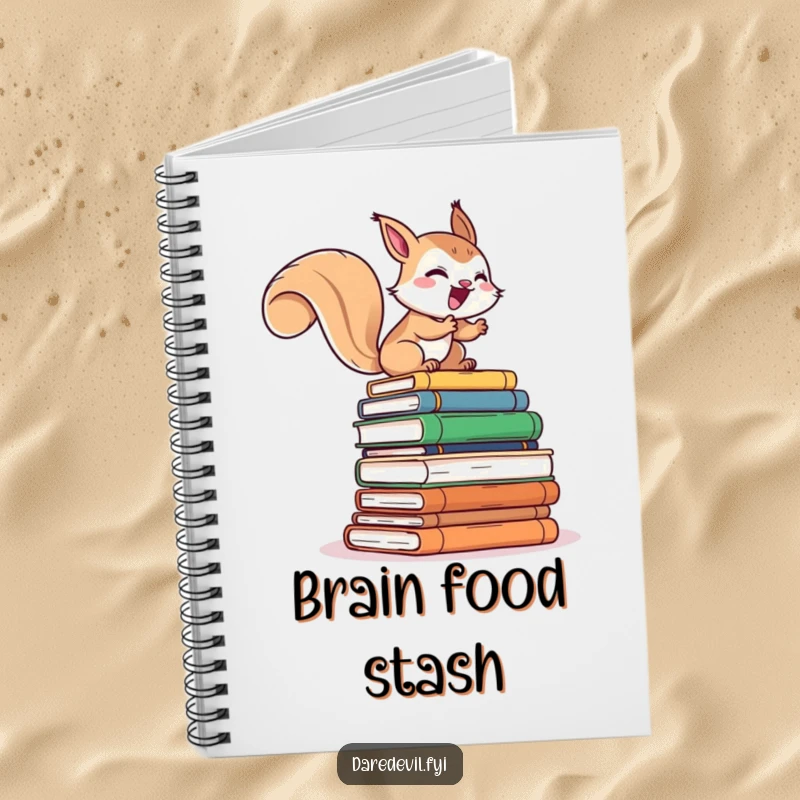 Funny notebook cover with a giggling squirrel character rapidly climbing a tall stack of books, perfect for jotting reading notes and ideas.