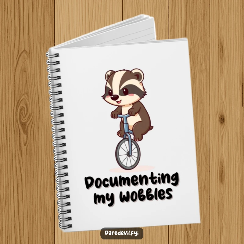 Funny badger focused on balancing on a unicycle, ready to record notes and ideas, a humorous and practical funny gift.