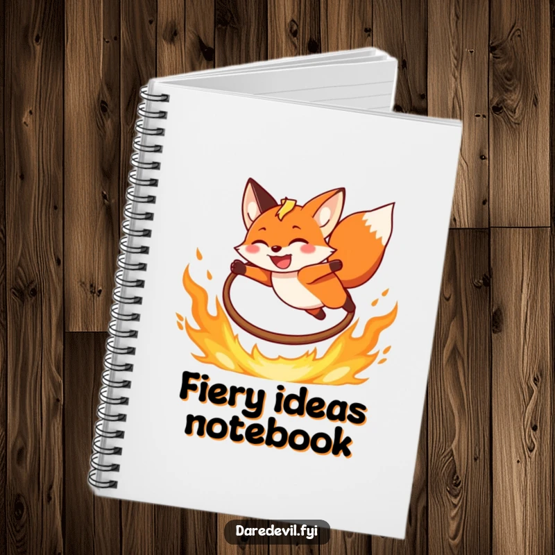 Funny Fox Notebook with a grinning fox leaping over a fiery hoop, perfect for jotting down courageous thoughts.
