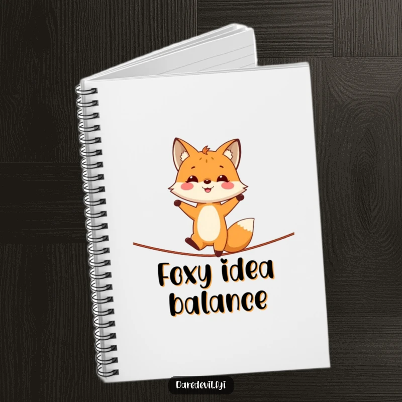 Funny fox character doing a handstand on a tightrope, designed for a notebook cover to inspire focused fun.