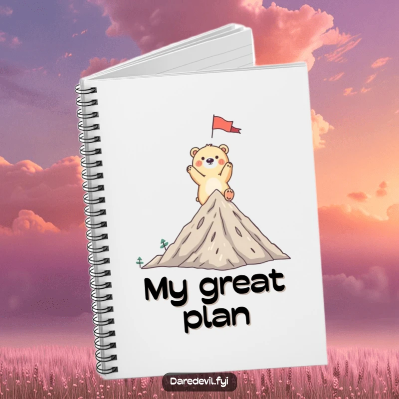 Funny bear notebook with a whimsical bear triumphantly planting a flag on a tiny mountain peak, ready to record triumphs.