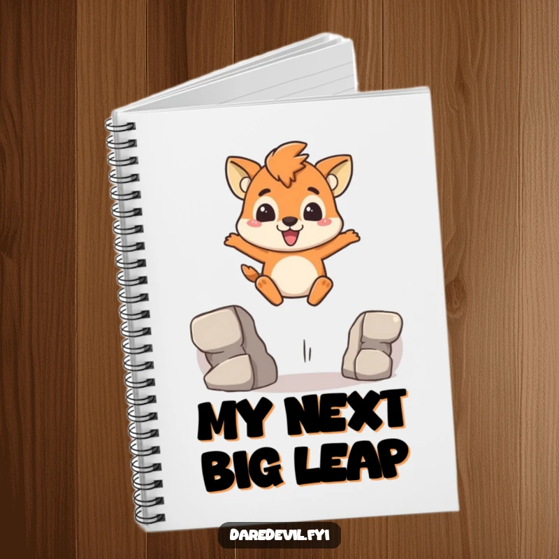 Funny Notebook cover showing a brave animal character leaping over a gap with a determined grin, inspiring bold ideas.