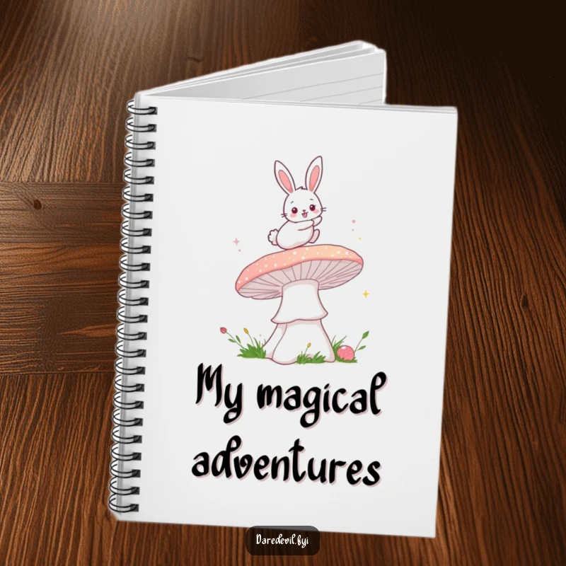 Funny bunny mushroom notebook with a fluffy bunny leaping over a sparkly mushroom, ideal for note-taking and gifting with a magical theme.