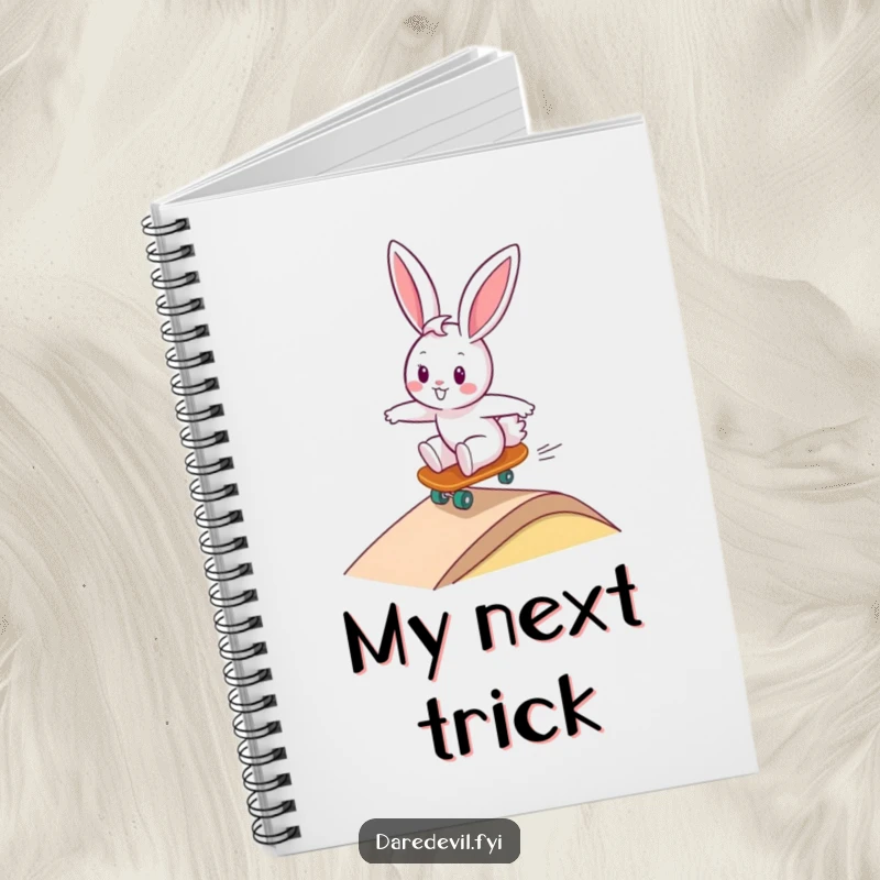 Funny bunny character confidently riding a tiny skateboard down a ramp, inspiring creativity for a humorous notebook cover design.