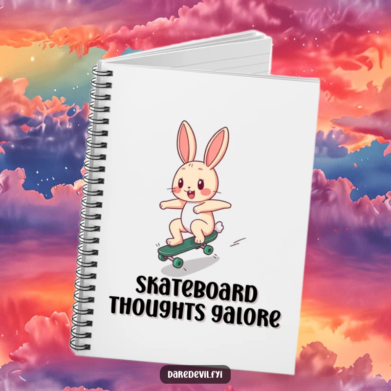 Funny Notebook: A happy bunny character zooms down a ramp on a tiny skateboard, ideal for capturing skate-inspired ideas.