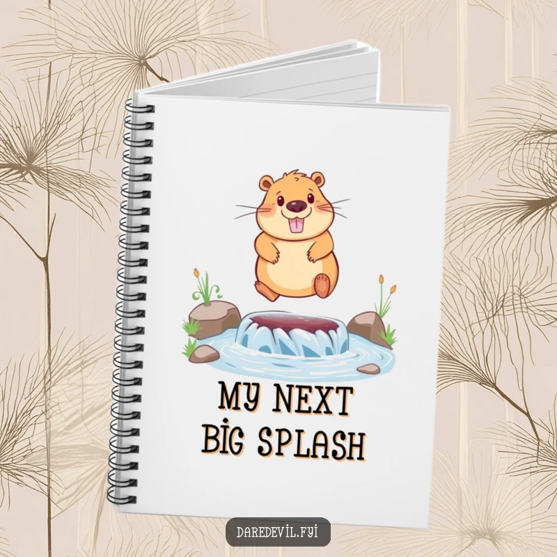 Funny notebook cover featuring a capybara leaping over a river, inspiring creative thoughts with a humorous touch.