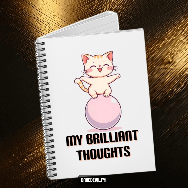 Funny cat balancing on a rolling sphere, depicted on the cover of a notebook, inspiring humorous writing and note-taking.