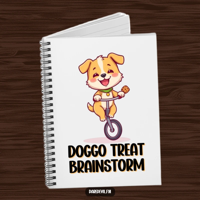 Funny dog character riding a unicycle while balancing a treat, designed for a notebook cover to inspire fun.
