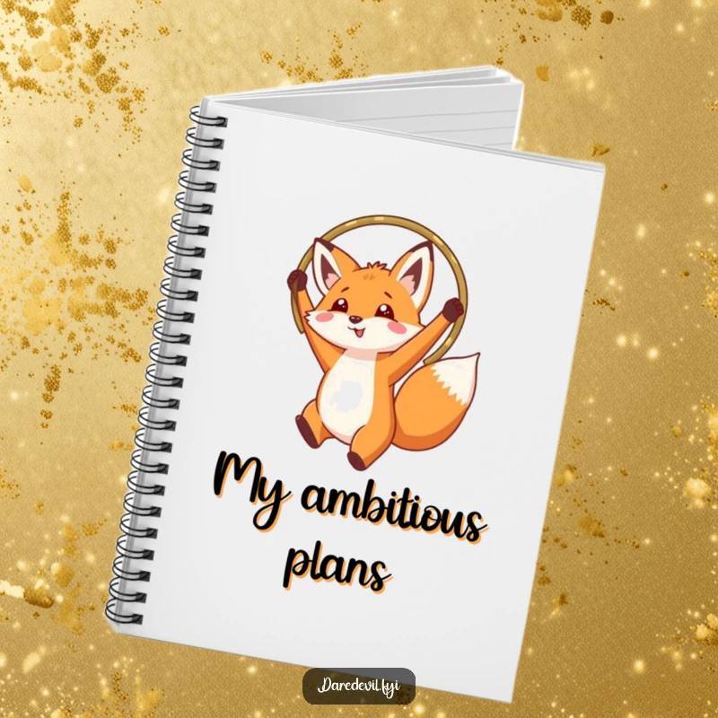 Funny fox jumping through a hoop, depicted on the cover of a notebook, inspiring humorous writing and note-taking.