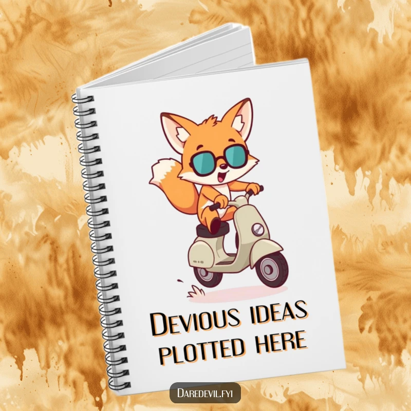 Funny Notebook: A mischievous fox character leaps dramatically over a small gap on a scooter, ideal for capturing daring ideas.