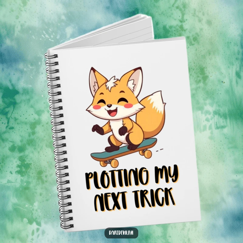 Funny fox with a determined grin, skateboarding with flair, ready to take notes on life's adventures, a motivating funny gift.