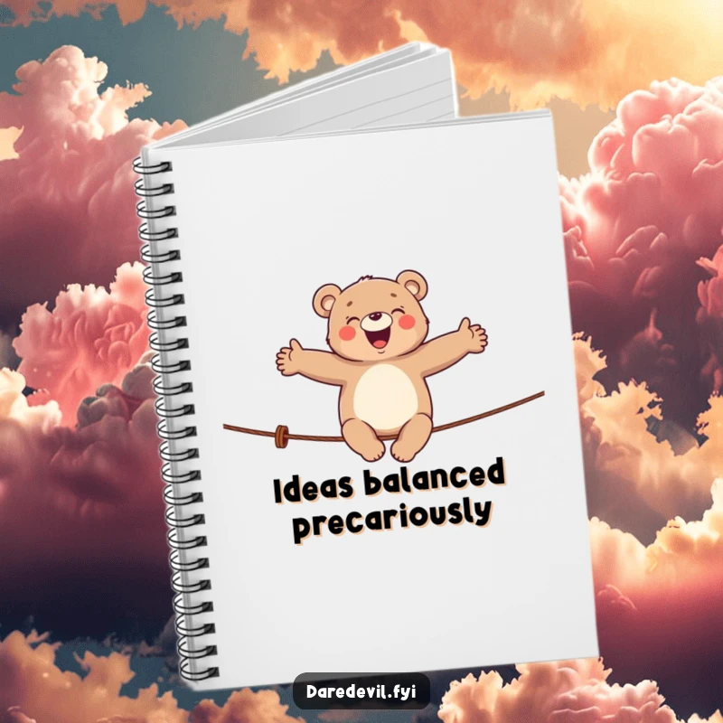 Funny bear notebook with a giggling bear balancing on a tightrope, perfect for jotting down ideas.
