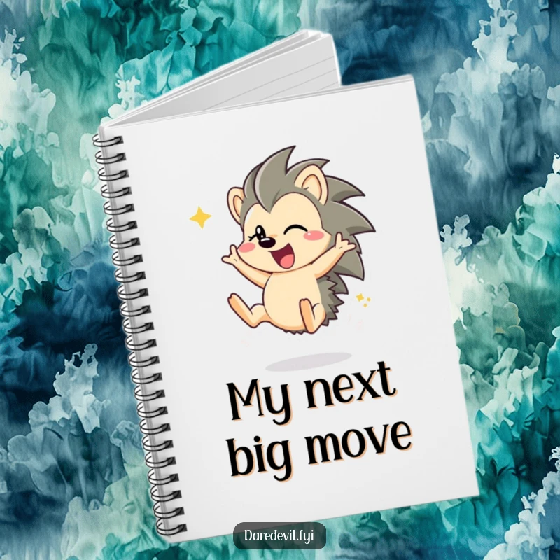 Funny hedgehog character doing a somersault on the cover of a notebook, symbolizing energetic brainstorming and ideas.