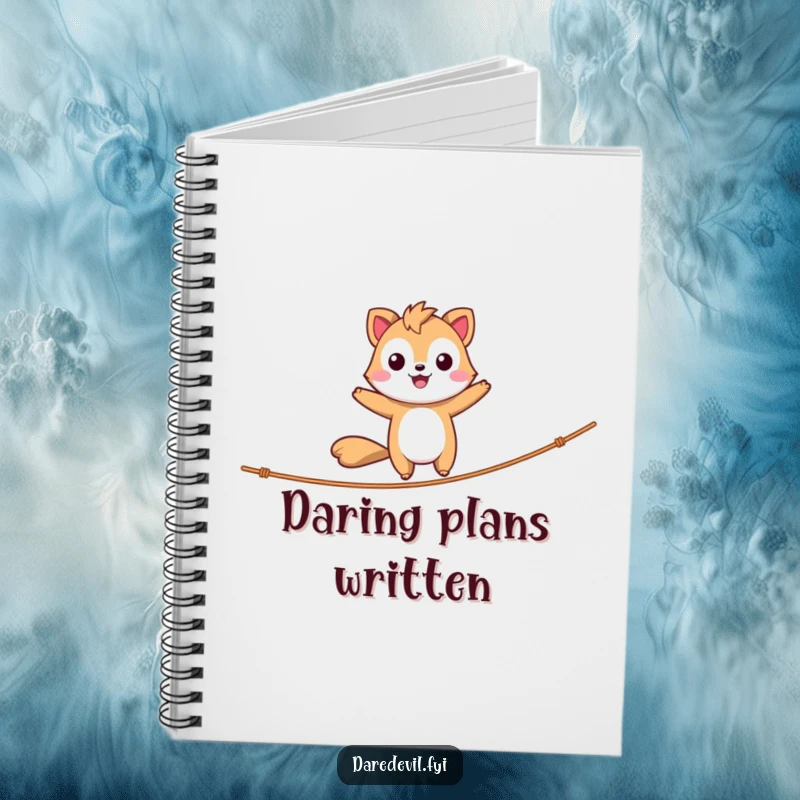 Funny Journal with a daring animal character confidently balancing on a tightrope, a humorous notebook for bold ideas.