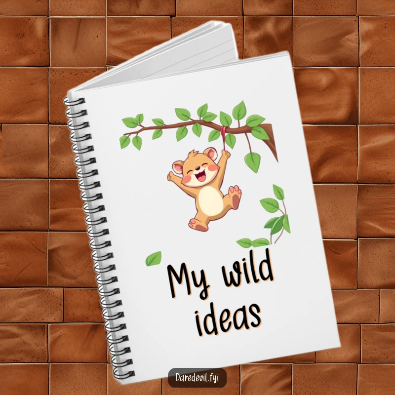 Funny Notebook cover showing a joyful animal character swinging from a vine with reckless abandon, inspiring creative thoughts.