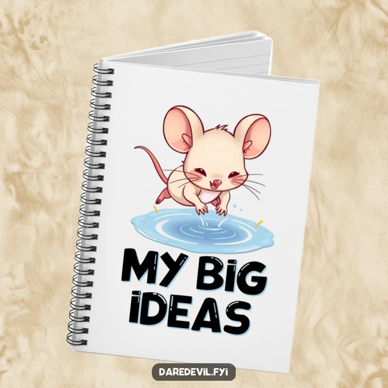 Funny spunky mouse character diving into a puddle on the cover of a notebook, symbolizing bold ideas.