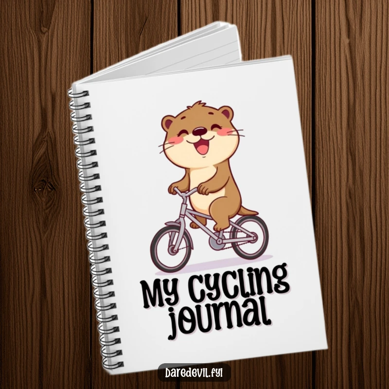 Funny otter rides a bicycle with a triumphant grin, inspiring successful note-taking on a funny notebook.