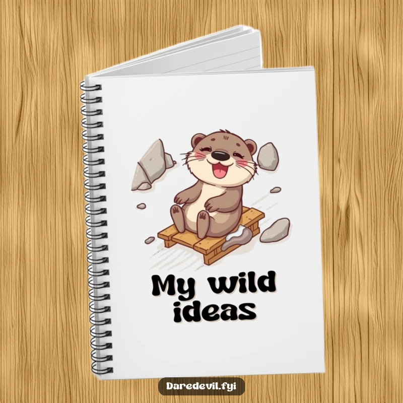 Funny otter with a joyful grin, sledding down a rocky path, ready to record exciting ideas and adventures, a motivating funny gift.