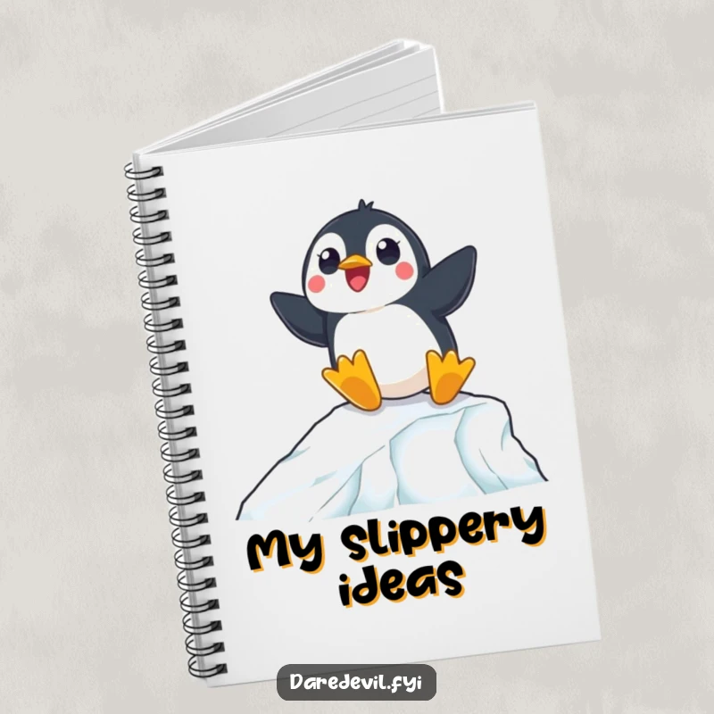 Funny notebook cover with a surprised penguin expertly navigating an icy ramp, inspiring smooth thoughts and notes.