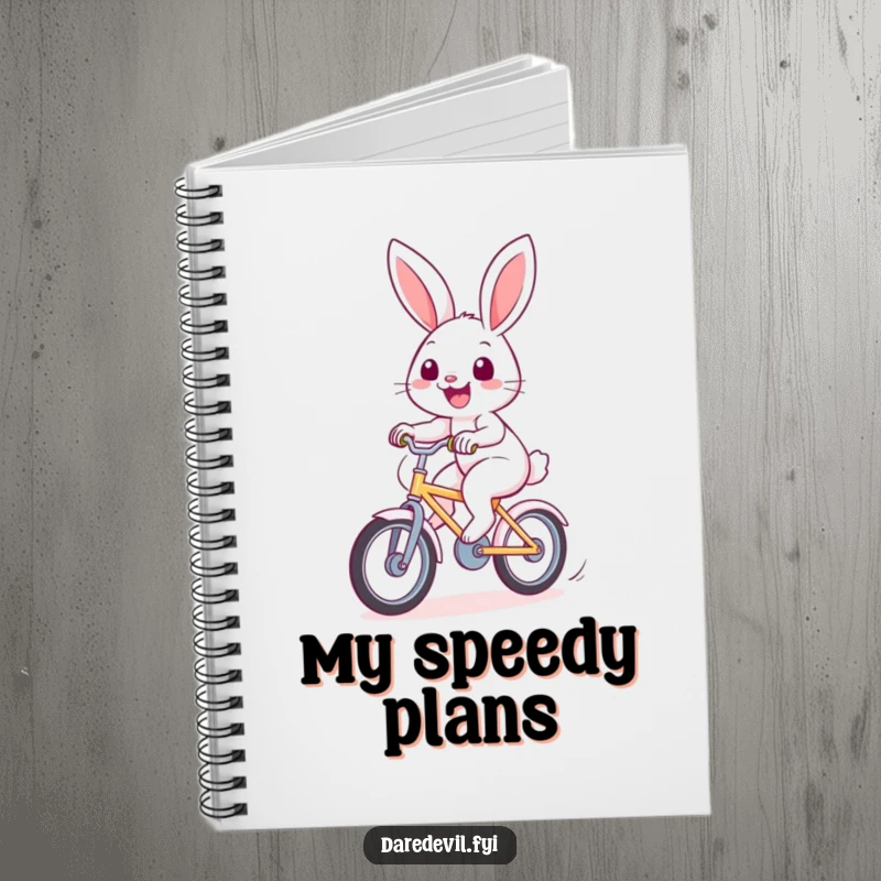 Funny rabbit notebook with a cheerful bunny riding a fast bicycle, perfect for jotting down happy thoughts.