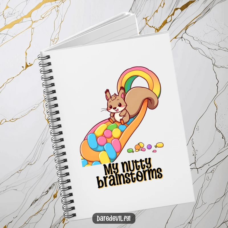 Funny squirrel candy slide notebook with a playful squirrel zooming down a rainbow made of candy, ideal for note-taking and gifting with a sweet theme.