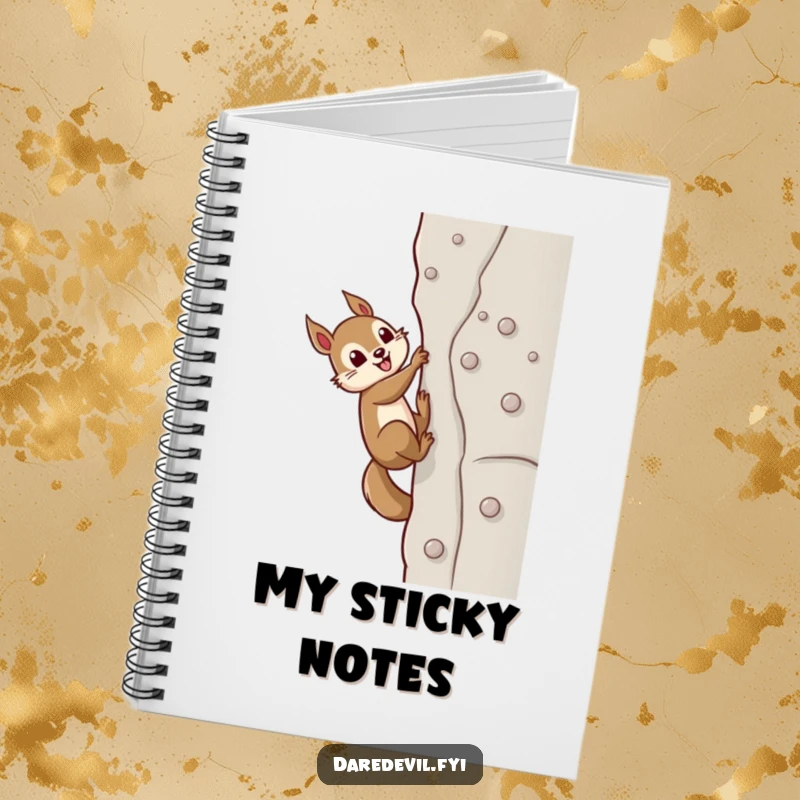 Funny squirrel character using suction cups to ascend a sheer wall, inspiring determination for a humorous notebook cover.
