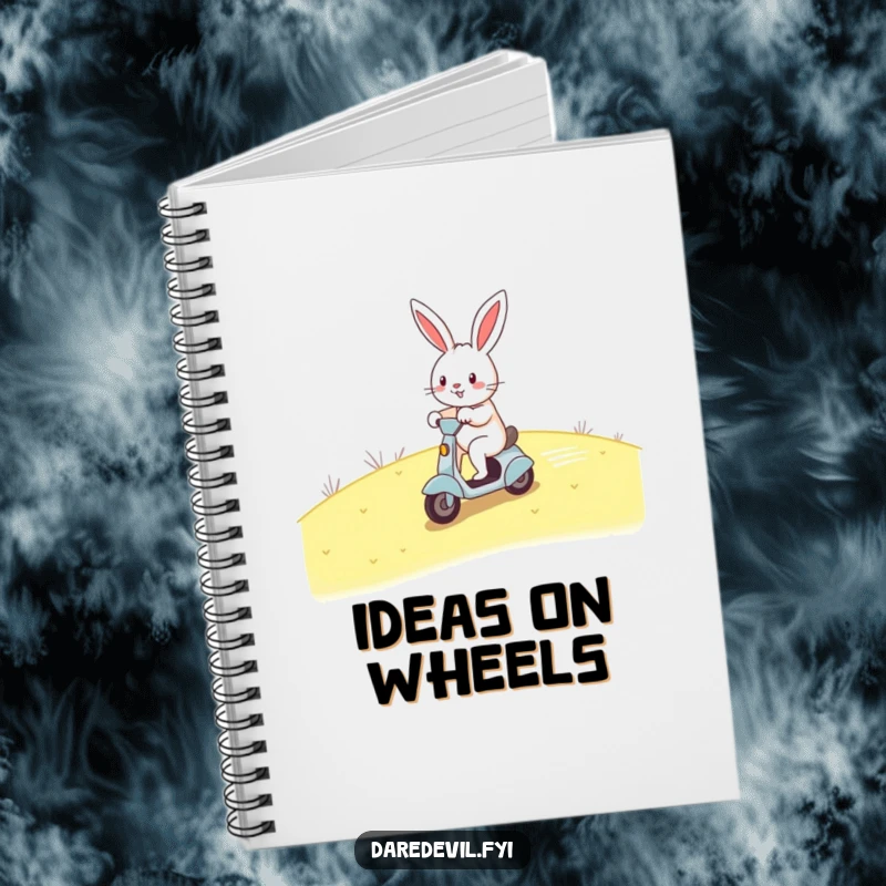 Funny rabbit notebook, cheerful rabbit zooming on scooter, for jotting down fast ideas with humor, creative and funny gift.