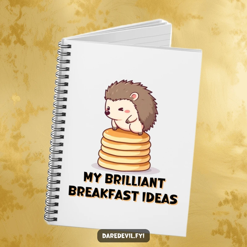 Funny hedgehog notebook: a determined hedgehog balancing on a stack of pancakes, ideal for creative thoughts.