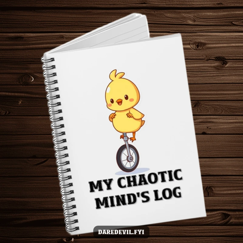 Funny notebook with a chick character balancing on a unicycle on the cover, ready for notes and doodles.