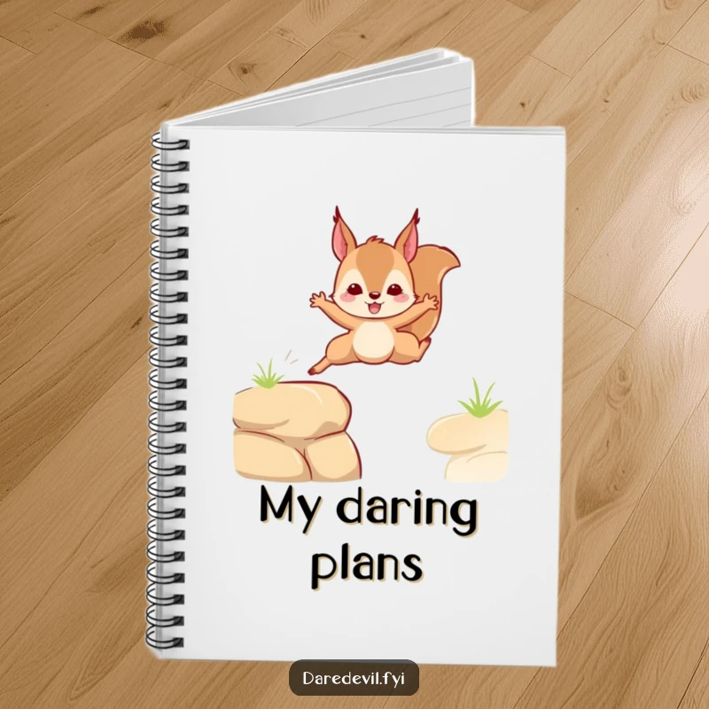 Funny notebook with a squirrel leaping bravely over a gap, perfect for writing and a funny gift.