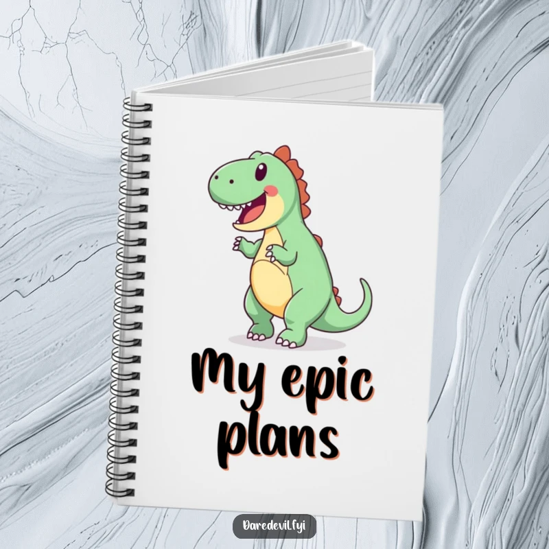 Funny notebook cover with a joyful dinosaur attempting a backward somersault, inspiring energetic thoughts and notes.