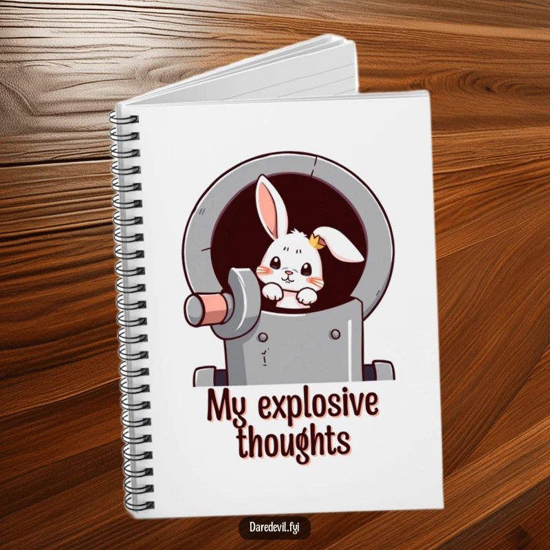 Funny rabbit notebook with a curious rabbit peeking from a cannon, inspiring bold ideas and creative launches.