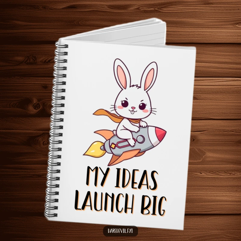Funny notebook featuring a brave rabbit character riding a small rocket with a determined grin, perfect for jotting down ideas.