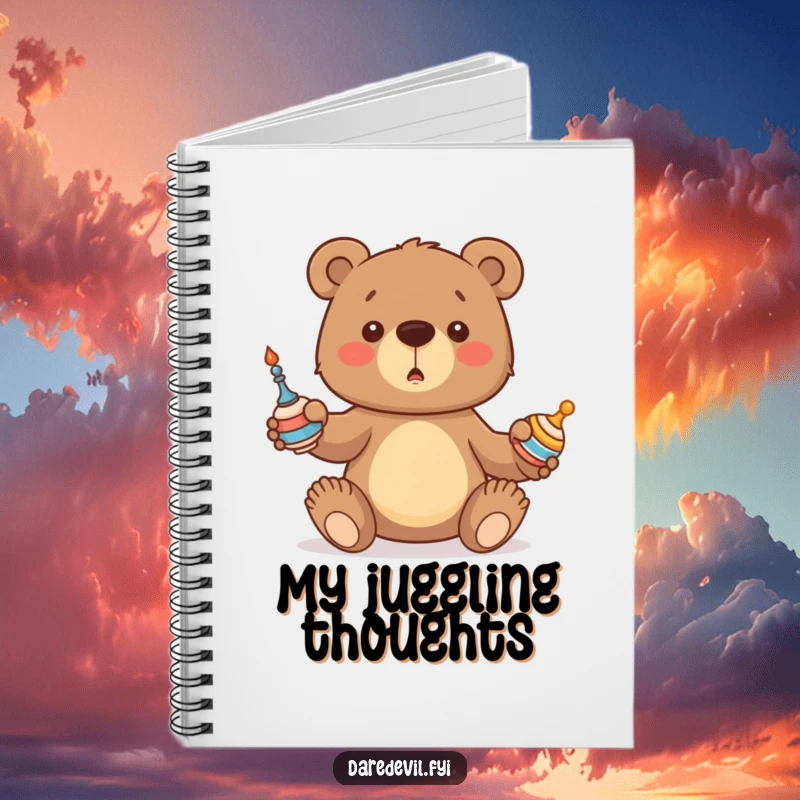 Funny Bear Notebook featuring a bear cub comically attempting to juggle, ideal for jotting down chaotic ideas.