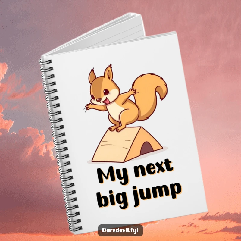 Funny squirrel notebook with a playful squirrel performing a daring flip off a mini ramp, great for note-taking.