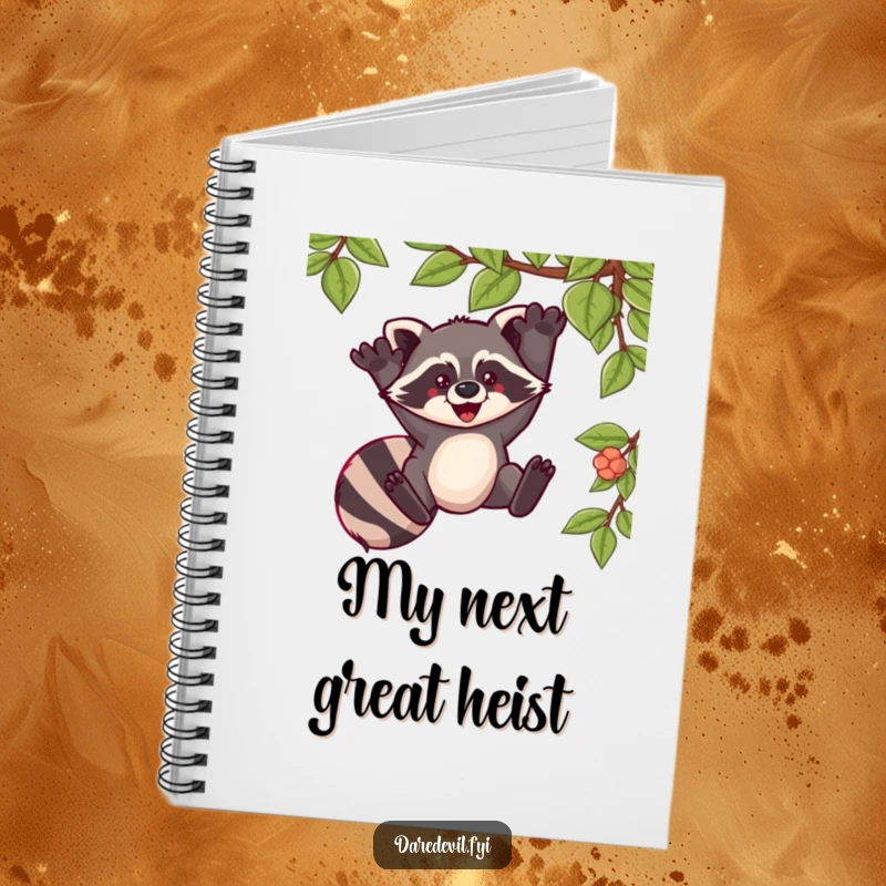 Funny notebook cover with a raccoon swinging from a vine, inspiring exhilarating ideas and creative notes.