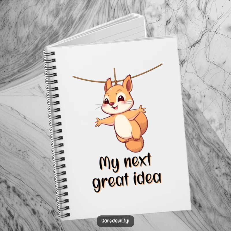 Funny squirrel notebook with a perky squirrel dangling precariously from a thin thread, paws outstretched, ready to jot down adventures.