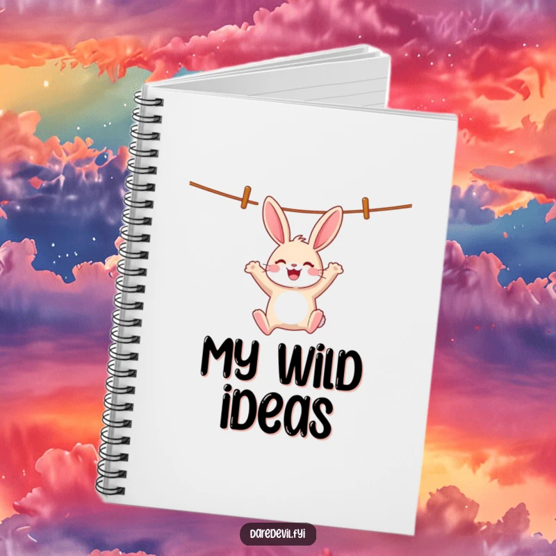Funny cheerful rabbit swings wildly from a clothesline, inspiring joyful note-taking on a funny notebook.