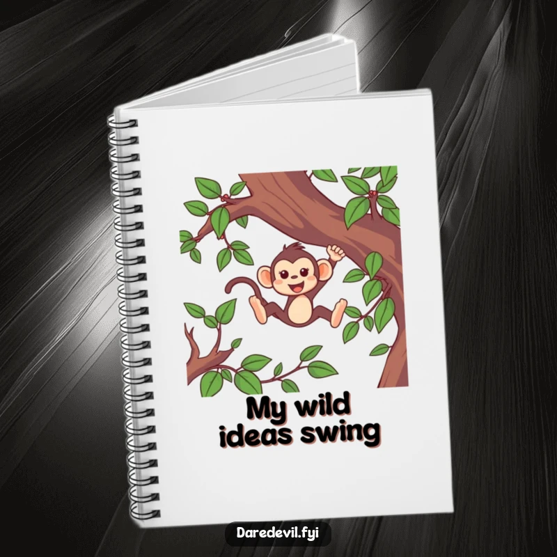Funny monkey notebook with a lively monkey character swinging fast through vines, inspiring creative thoughts and adventures.