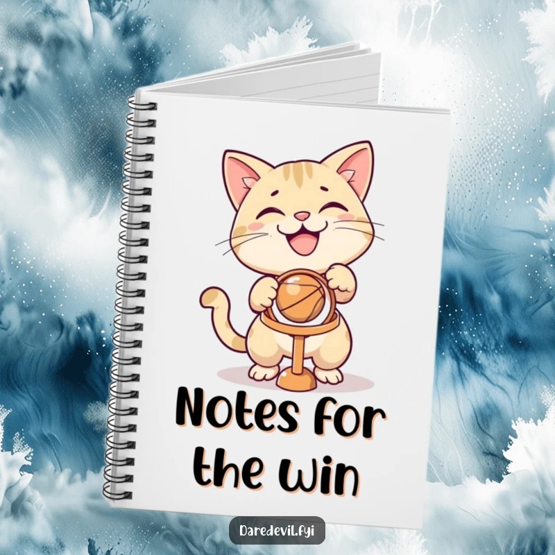Funny grinning cat character aiming a ball at a tiny hoop on the cover of a notebook, symbolizing strategy.